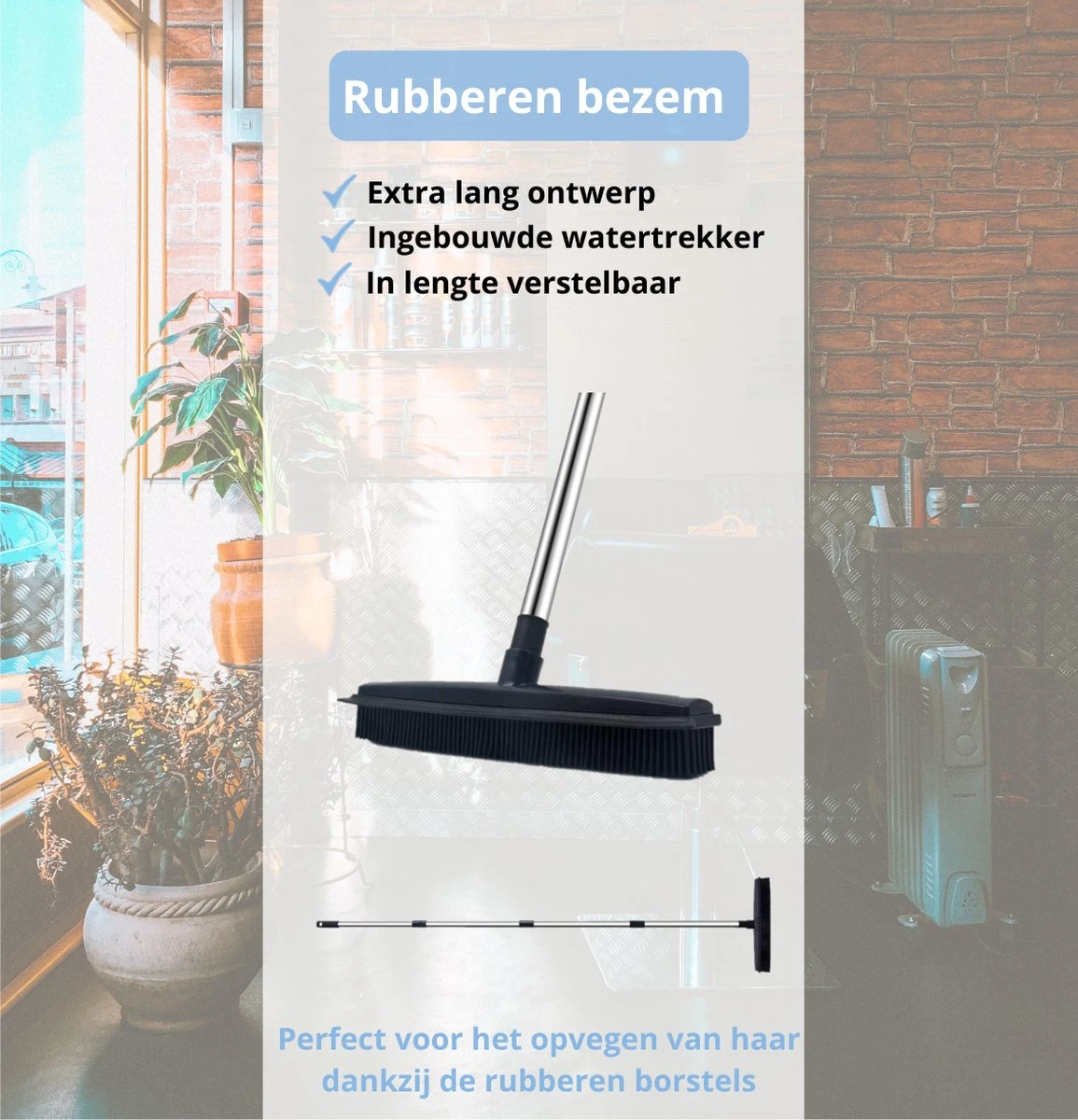 De Blaffende Kat 2 In 1 Rubberen Bezem – Bezem Binnen & Buiten – Vloerwisser Met Steel - Vloertrekker – Veger - Extra Lang 160cm 4 De Blaffende Kat 2 In 1 Rubberen Bezem – Bezem Binnen & Buiten – Vloerwisser Met Steel - Vloertrekker – Veger - Extra Lang 160cm - Afbeelding 2