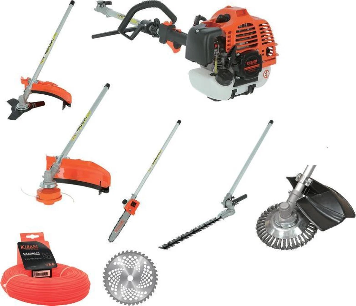 Kibani 6-in-1 Multitool - 52 Cc / 1.9 PK 2-takt Benzine Motor - Heggenschaar, Kettingzaag, Grastrimmer, Maaidraad 100M, Onkruidborstel, Zaagblad, Maaidraad 100 M & Bosmaaier 3 Kibani 6-in-1 Multitool - 52 Cc / 1.9 PK 2-takt Benzine Motor - Heggenschaar, Kettingzaag, Grastrimmer, Maaidraad 100M, Onkruidborstel, Zaagblad, Maaidraad 100 M & Bosmaaier