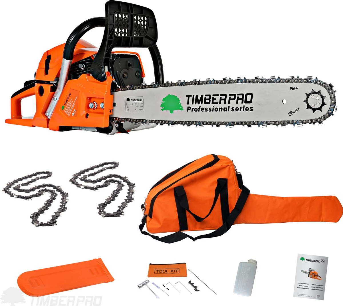 TIMBERPRO - Kettingzaag - 62 Cc - Benzine - Zwaardlengte 50 Cm - Met Transportzak - Met 2e Ketting 3 TIMBERPRO - Kettingzaag - 62 Cc - Benzine - Zwaardlengte 50 Cm - Met Transportzak - Met 2e Ketting