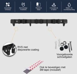 Volcan Bezemhouder - Bezem Ophangsysteem Tuingereedschap - Gereedschapshouder - Zelfklevend - 3M Tape - 3 Houders 4 Haken - RVS Zwart -Tuingereedschap Winkel 1200x1148 1