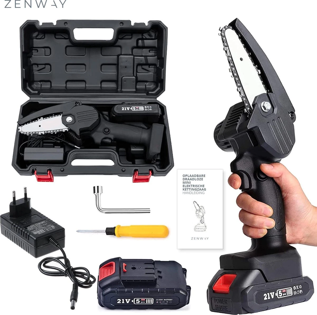 Zenway - Mini Kettingzaag - Snoeizaag - Kettingzaag - Kettingzaag Elektrisch Met 1 Accu- Inclusief Koffer - 1 Extra Accu - Zwart 3 Zenway - Mini Kettingzaag - Snoeizaag - Kettingzaag - Kettingzaag Elektrisch Met 1 Accu- Inclusief Koffer - 1 Extra Accu - Zwart