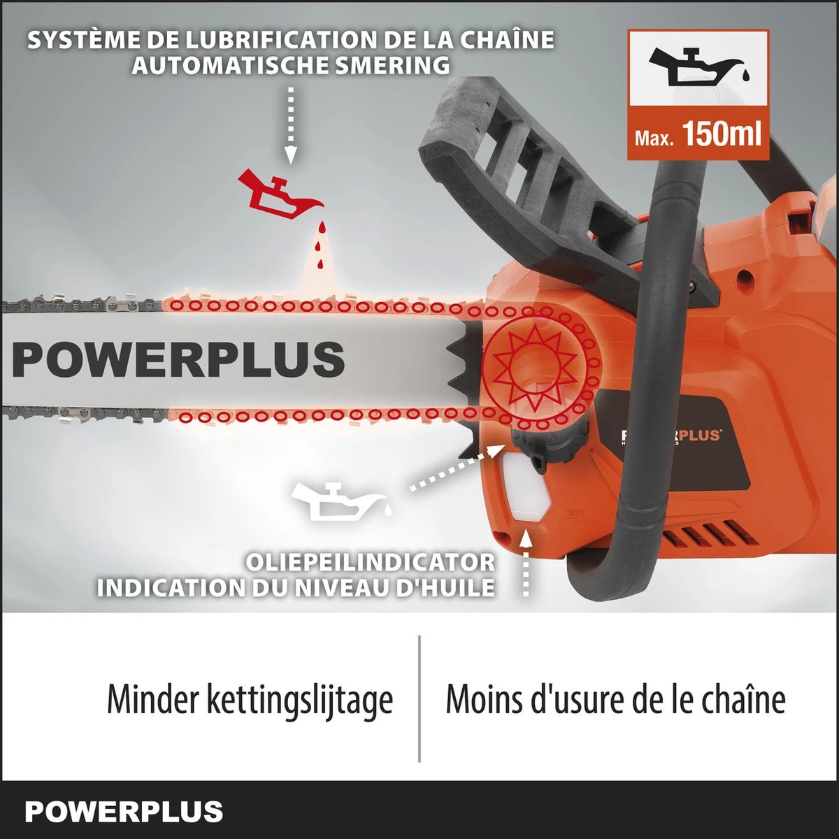 Powerplus Dual Power POWDPGSET33 Accu Kettingzaag - 40V - 30 Cm Zwaardlengte -2x20V Accu -1 X Lader 8 Powerplus Dual Power POWDPGSET33 Accu Kettingzaag - 40V - 30 Cm Zwaardlengte -2x20V Accu -1 X Lader - Afbeelding 7