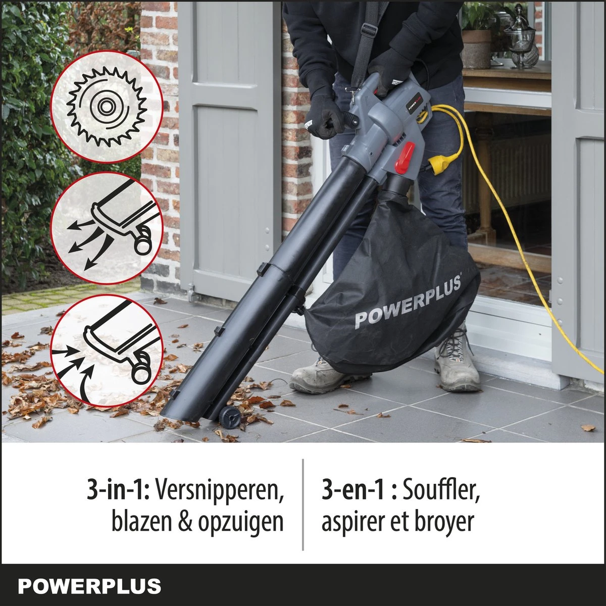 Powerplus POWEG9013 Elektrische Bladblazer - Bladzuiger En -versnipperaar - 3300W - Blazen - Zuigen - Versnipperen - Incl. 40L Opvangzak 7 Powerplus POWEG9013 Elektrische Bladblazer - Bladzuiger En -versnipperaar - 3300W - Blazen - Zuigen - Versnipperen - Incl. 40L Opvangzak - Afbeelding 5